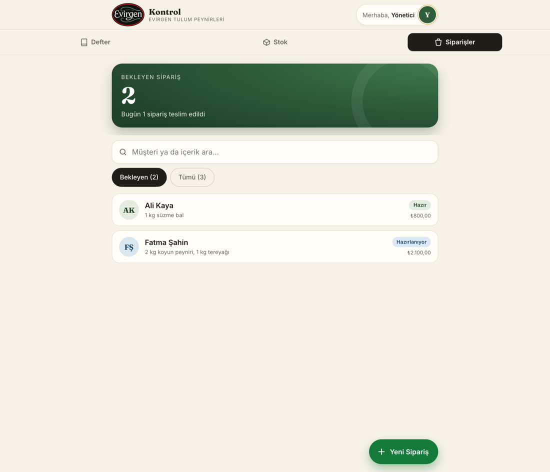 Business Control Panel — orders on desktop