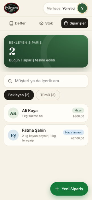 Business Control Panel — order list on mobile